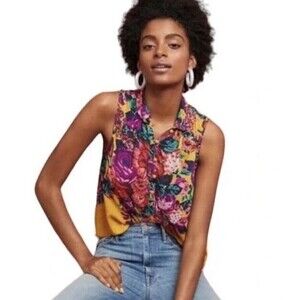 Meadow Rue Anthropologie Tank Womens XS Yellow Gold Floral Sleeveless boho